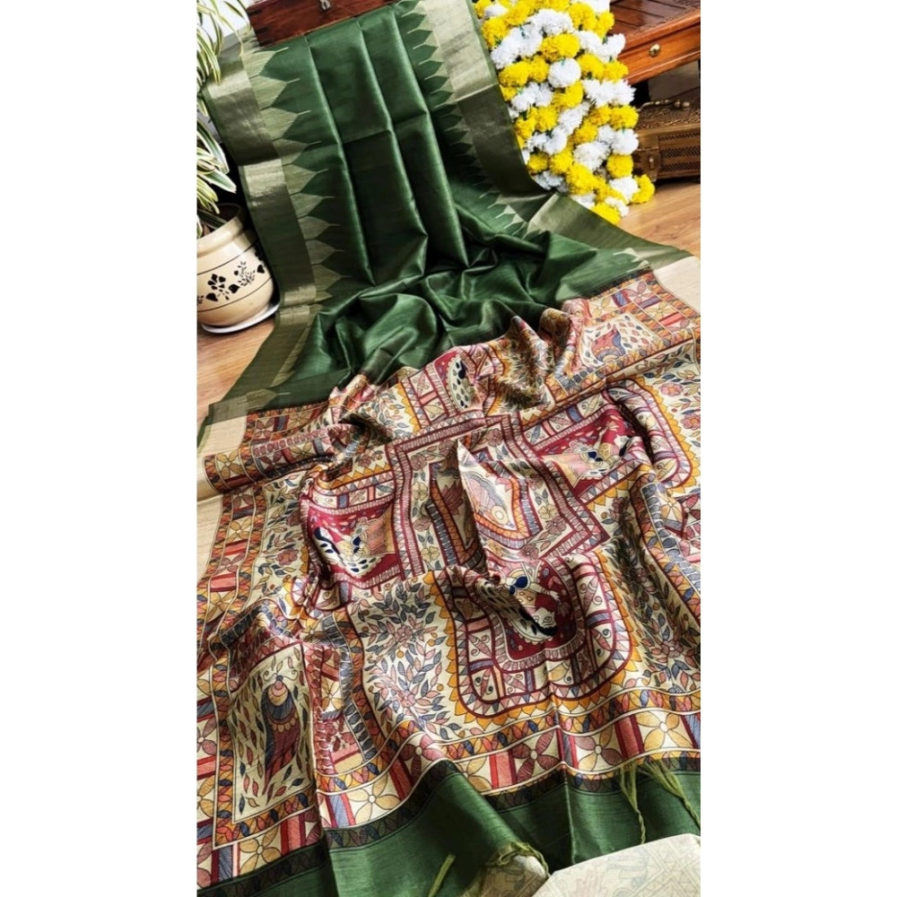 Seduva Women's Tussar Silk Madhubani Saree With Unstitched Blouse 5.5Mtr (Green)
