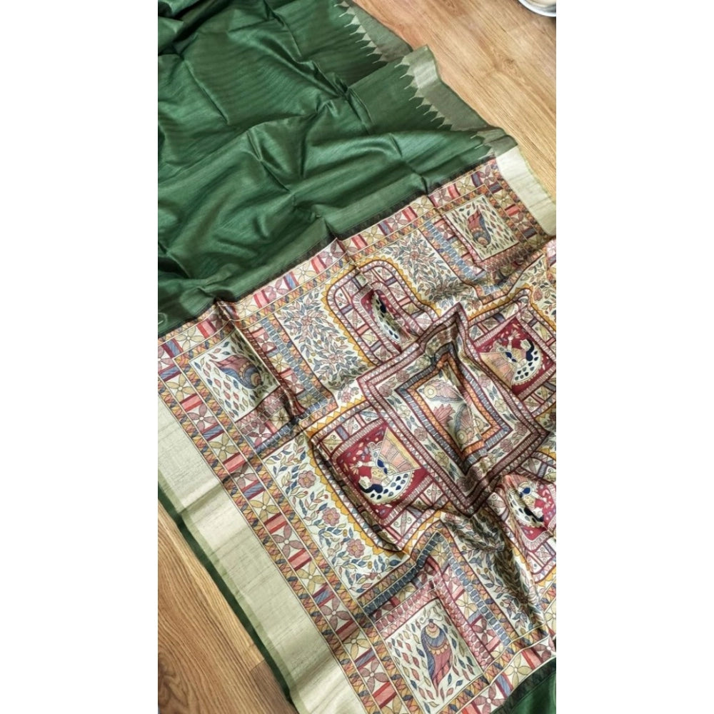 Seduva Women's Tussar Silk Madhubani Saree With Unstitched Blouse 5.5Mtr (Green)