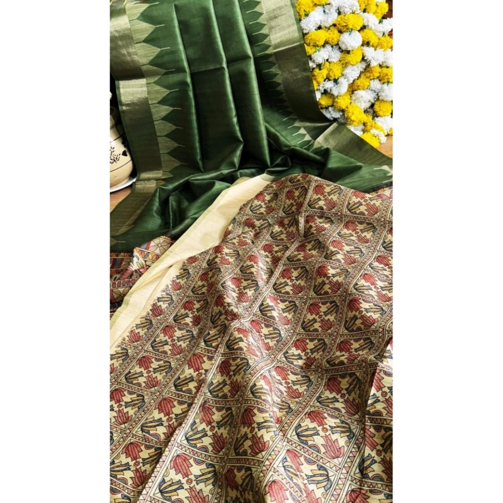 Seduva Women's Tussar Silk Madhubani Saree With Unstitched Blouse 5.5Mtr (Green)