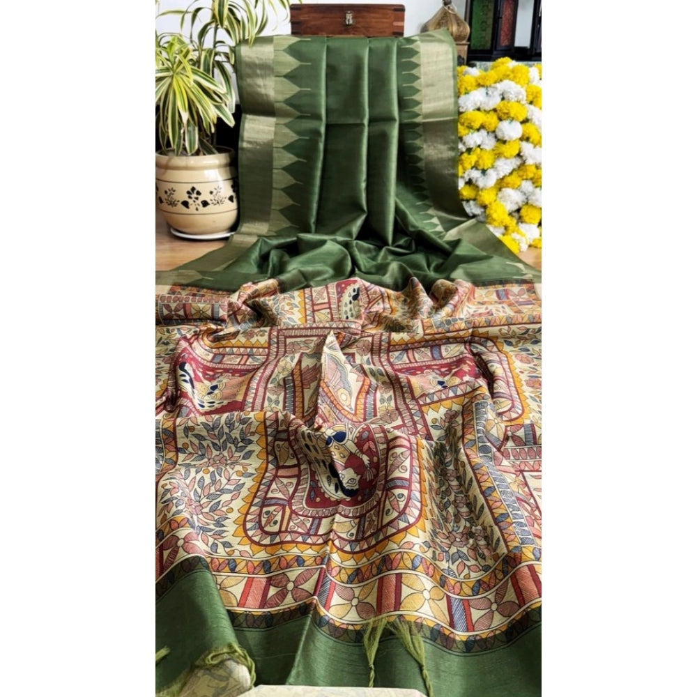Seduva Women's Tussar Silk Madhubani Saree With Unstitched Blouse 5.5Mtr (Green)
