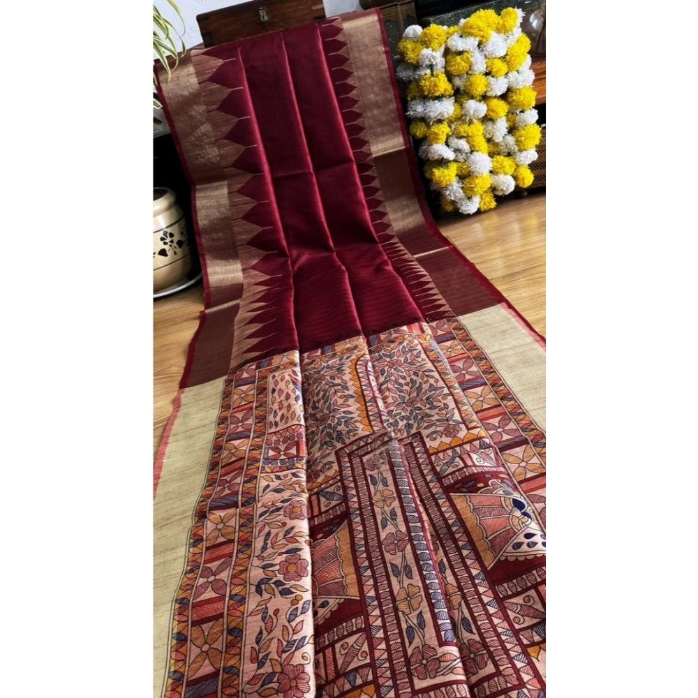 Seduva Women's Tussar Silk Madhubani Saree With Unstitched Blouse 5.5Mtr (Maroon)