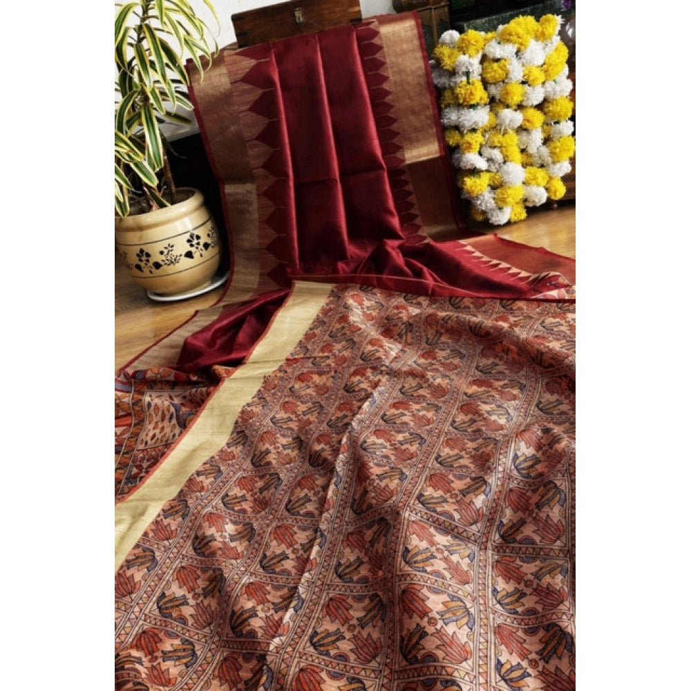Seduva Women's Tussar Silk Madhubani Saree With Unstitched Blouse 5.5Mtr (Maroon)
