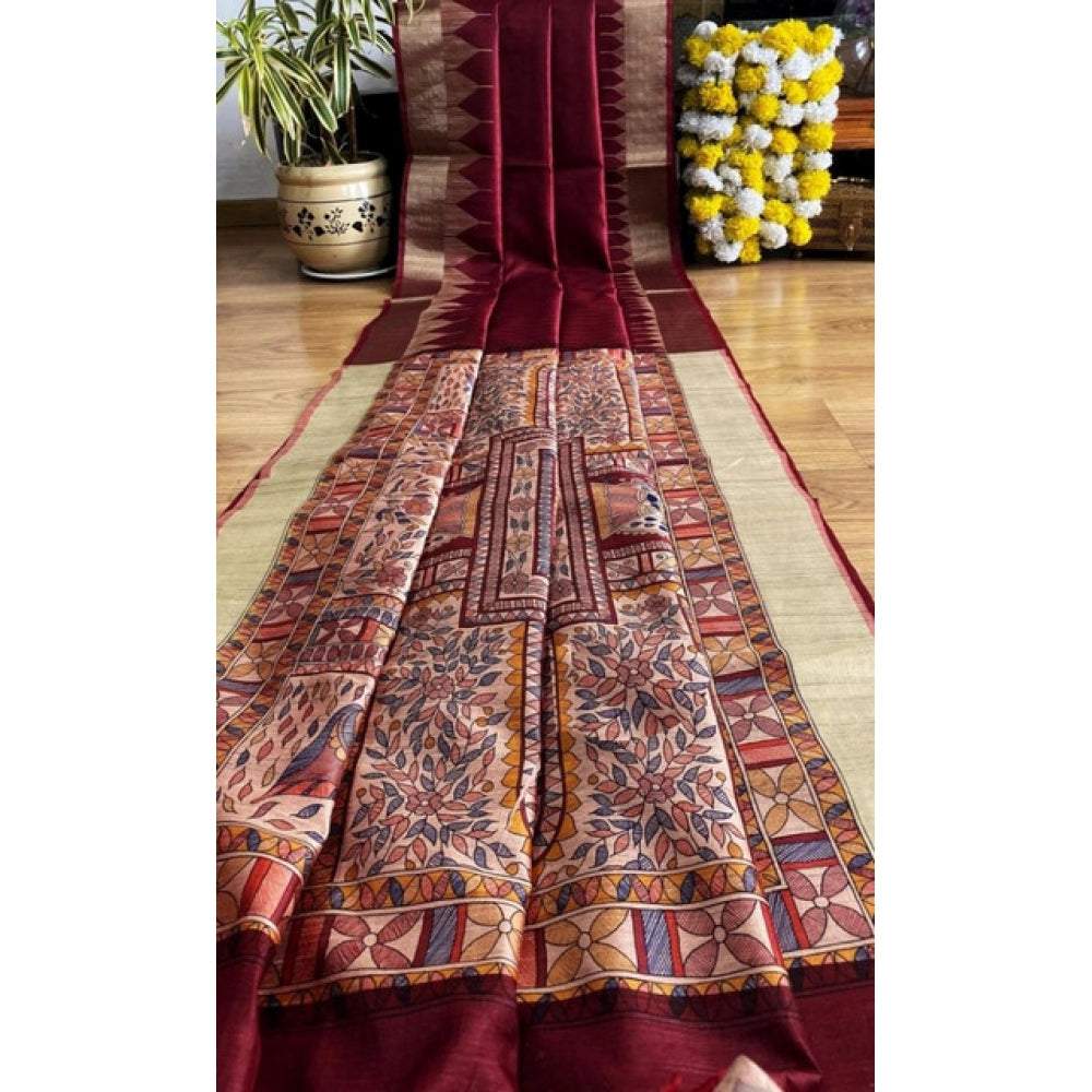 Seduva Women's Tussar Silk Madhubani Saree With Unstitched Blouse 5.5Mtr (Maroon)