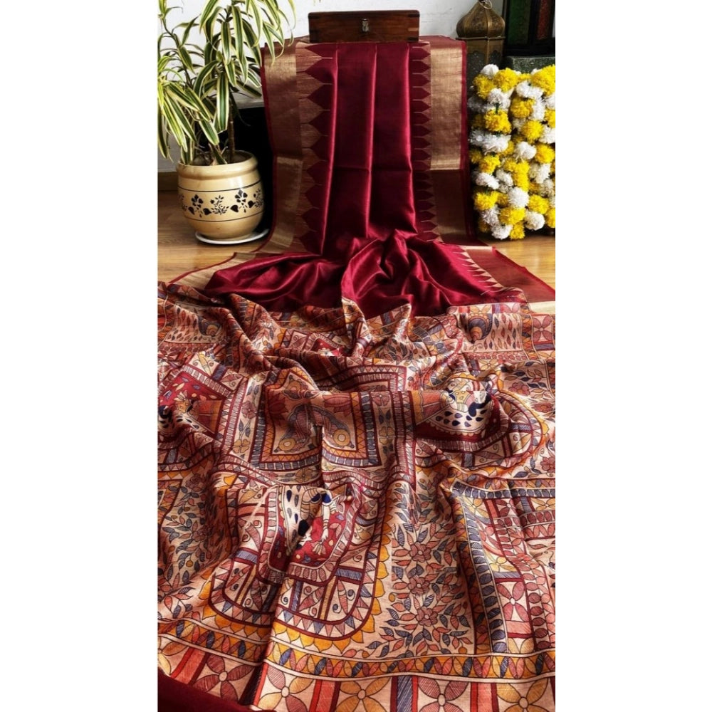 Seduva Women's Tussar Silk Madhubani Saree With Unstitched Blouse 5.5Mtr (Maroon)
