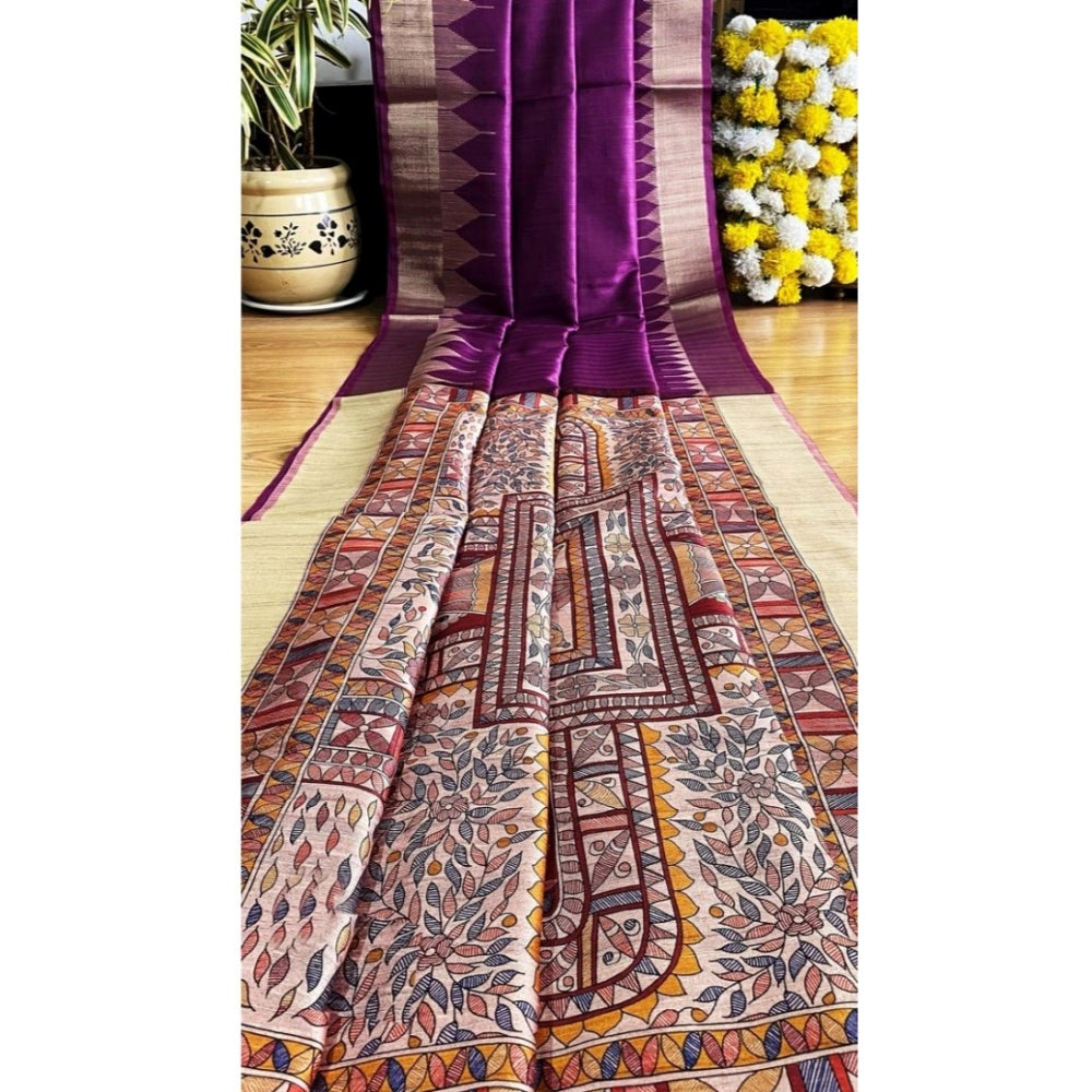 Seduva Women's Tussar Silk Madhubani Saree With Unstitched Blouse 5.5Mtr (Purple)