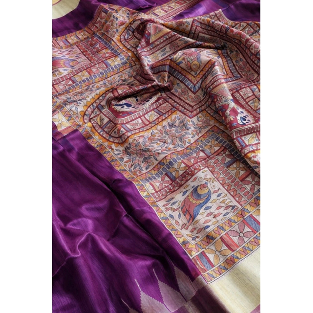 Seduva Women's Tussar Silk Madhubani Saree With Unstitched Blouse 5.5Mtr (Purple)