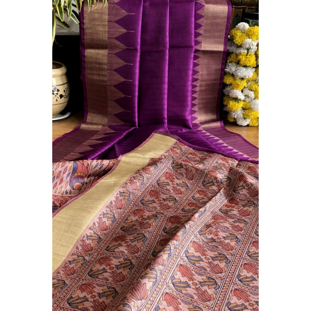 Seduva Women's Tussar Silk Madhubani Saree With Unstitched Blouse 5.5Mtr (Purple)