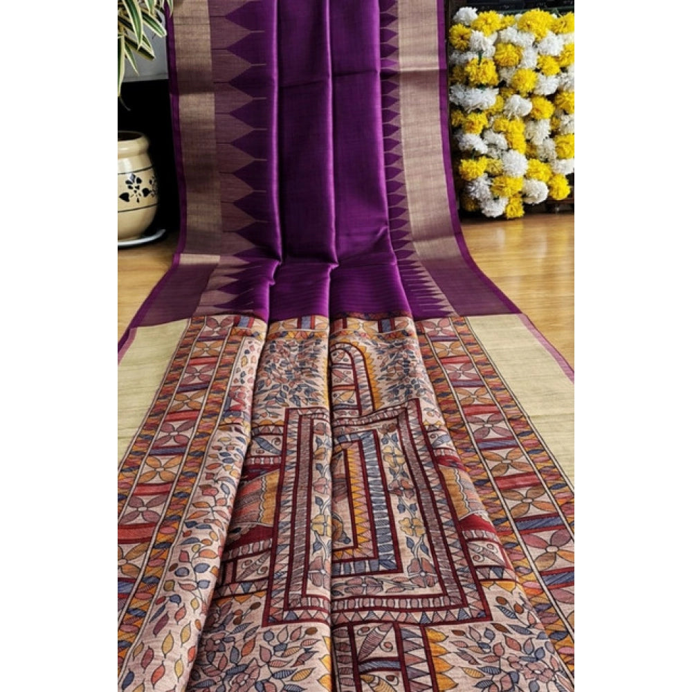 Seduva Women's Tussar Silk Madhubani Saree With Unstitched Blouse 5.5Mtr (Purple)