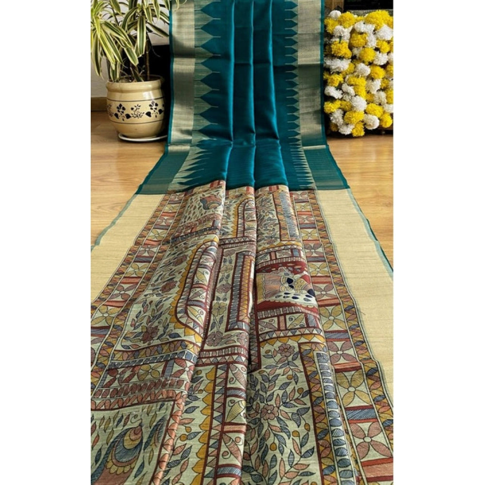 Seduva Women's Tussar Silk Madhubani Saree With Unstitched Blouse 5.5Mtr (Rama)
