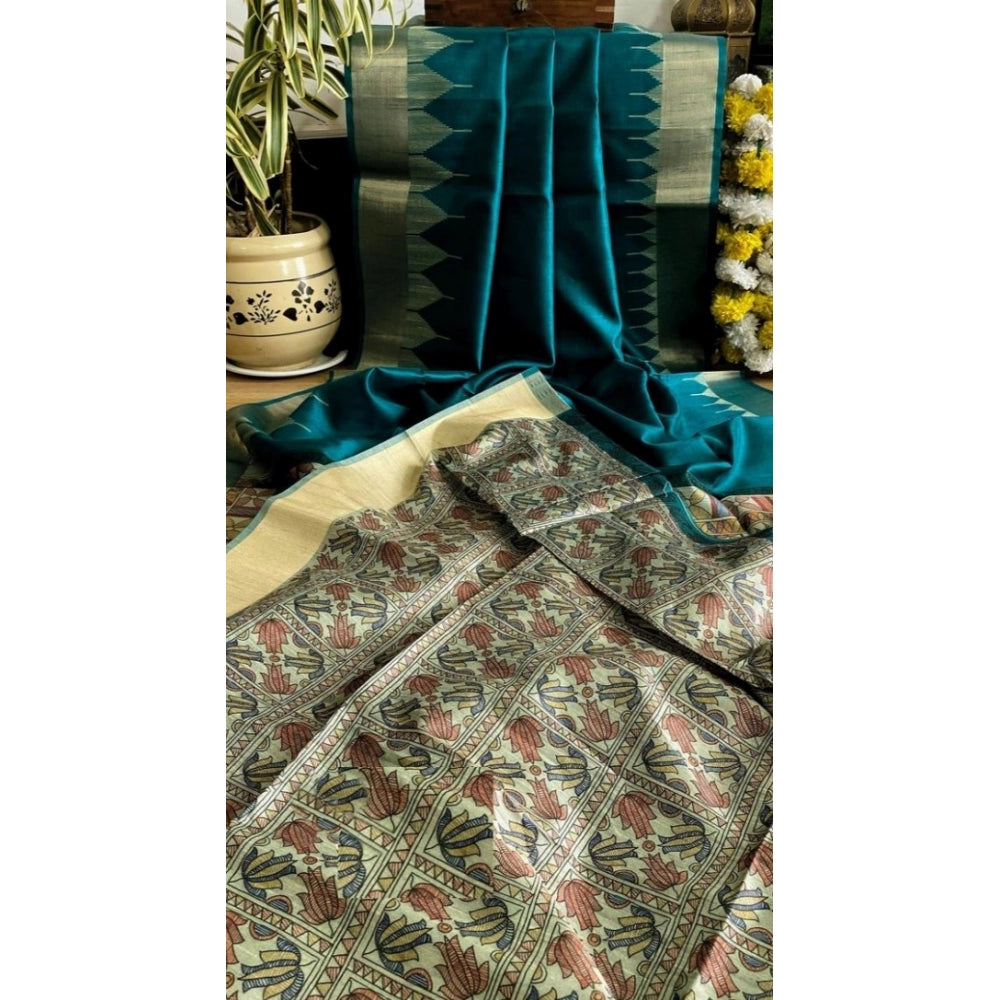 Seduva Women's Tussar Silk Madhubani Saree With Unstitched Blouse 5.5Mtr (Rama)