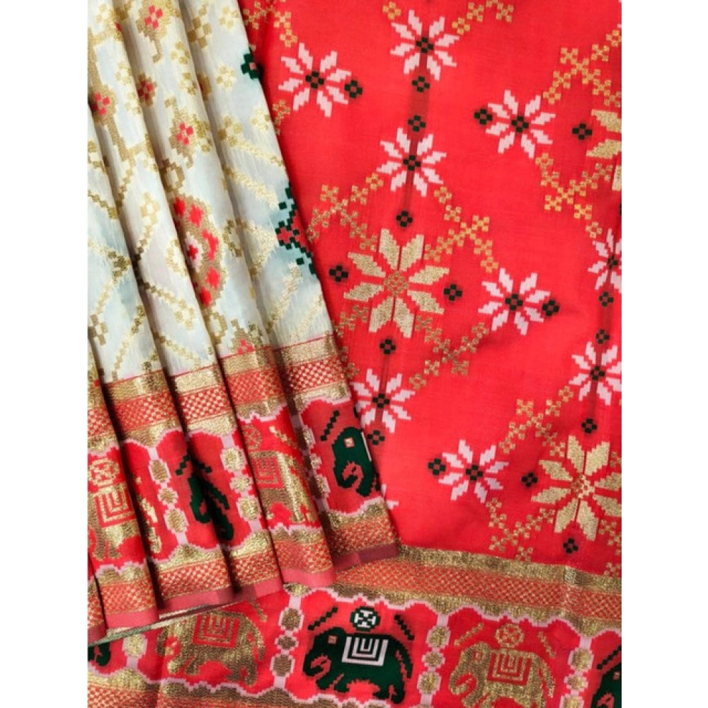 Seduva Women's Patola Silk Meena And Zari Woven Saree With Unstitched Blouse 5.5Mtr (White)