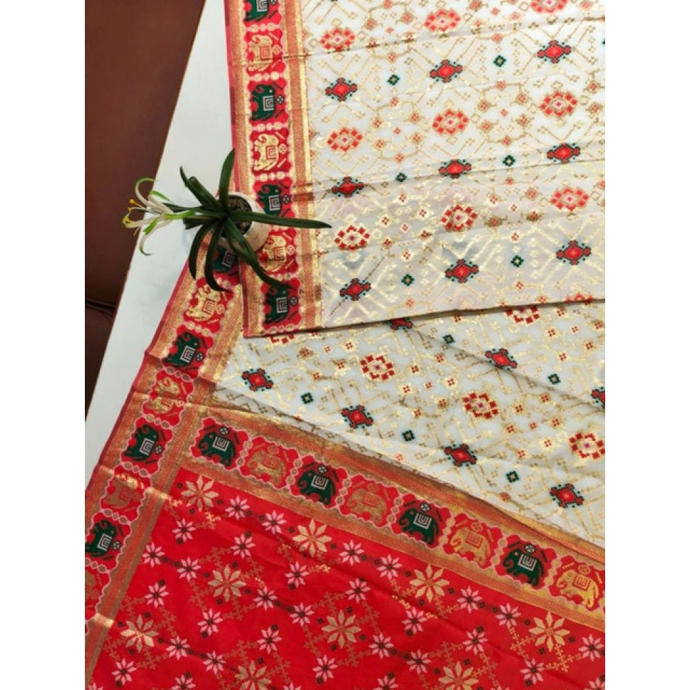 Seduva Women's Patola Silk Meena And Zari Woven Saree With Unstitched Blouse 5.5Mtr (White)