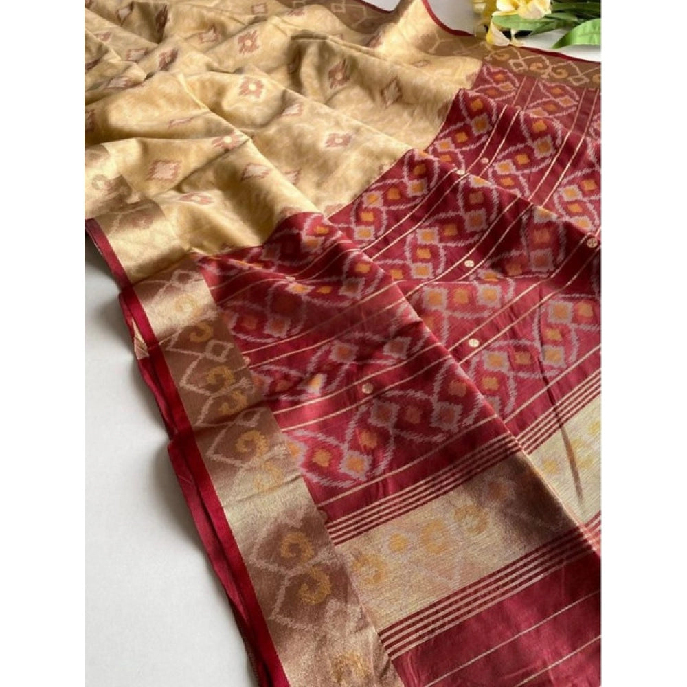 Seduva Women's Raw Silk Ikkat Saree With Unstitched Blouse 5.5Mtr (Beige)