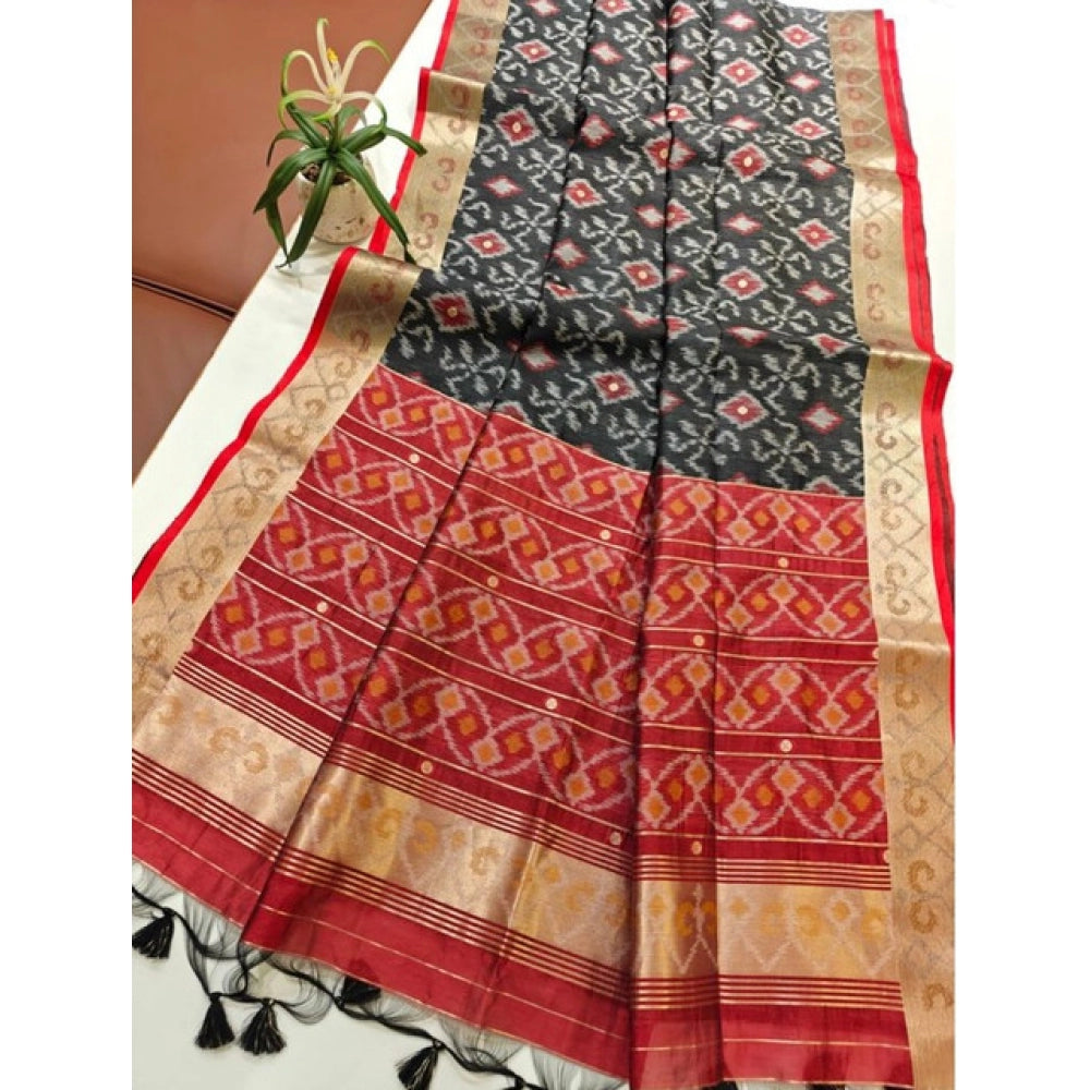 Seduva Women's Raw Silk Ikkat Saree With Unstitched Blouse 5.5Mtr (Black)