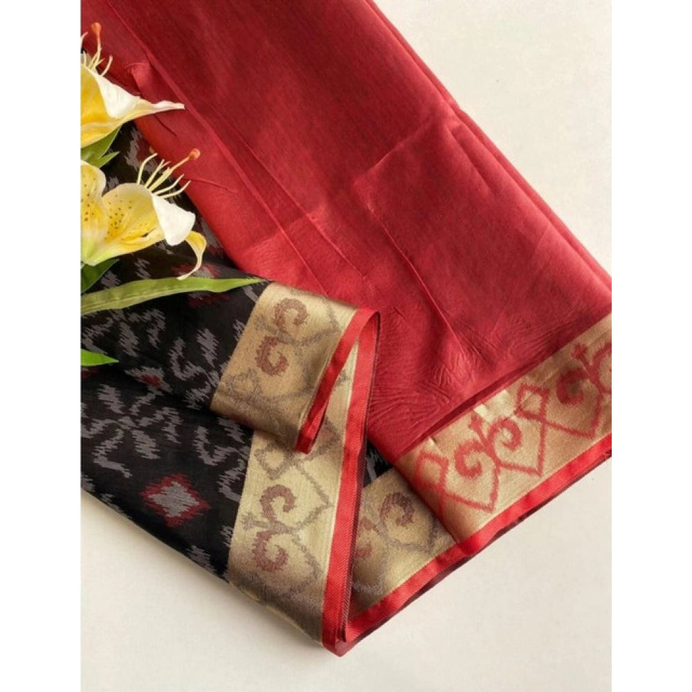 Seduva Women's Raw Silk Ikkat Saree With Unstitched Blouse 5.5Mtr (Black)