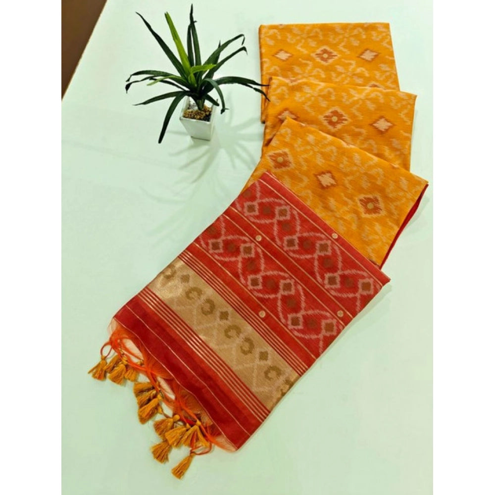 Seduva Women's Raw Silk Ikkat Saree With Unstitched Blouse 5.5Mtr (Mustard)