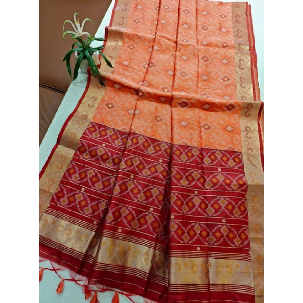 Seduva Women's Raw Silk Ikkat Saree With Unstitched Blouse 5.5Mtr (Peach)