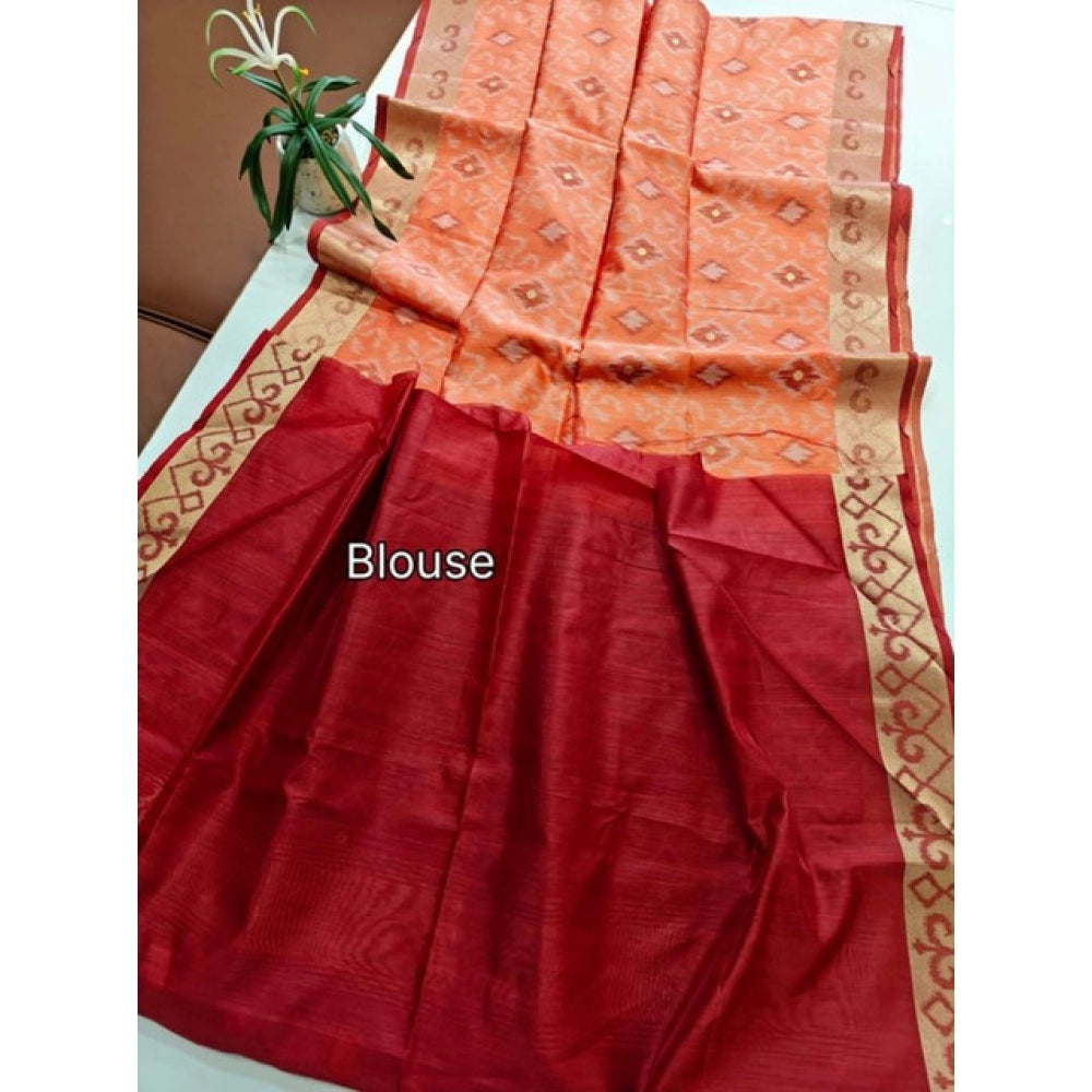 Seduva Women's Raw Silk Ikkat Saree With Unstitched Blouse 5.5Mtr (Peach)