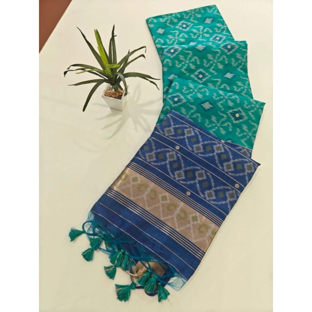 Seduva Women's Raw Silk Ikkat Saree With Unstitched Blouse 5.5Mtr (Sky Blue)