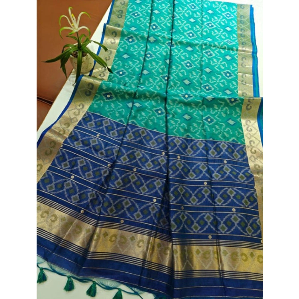 Seduva Women's Raw Silk Ikkat Saree With Unstitched Blouse 5.5Mtr (Sky Blue)