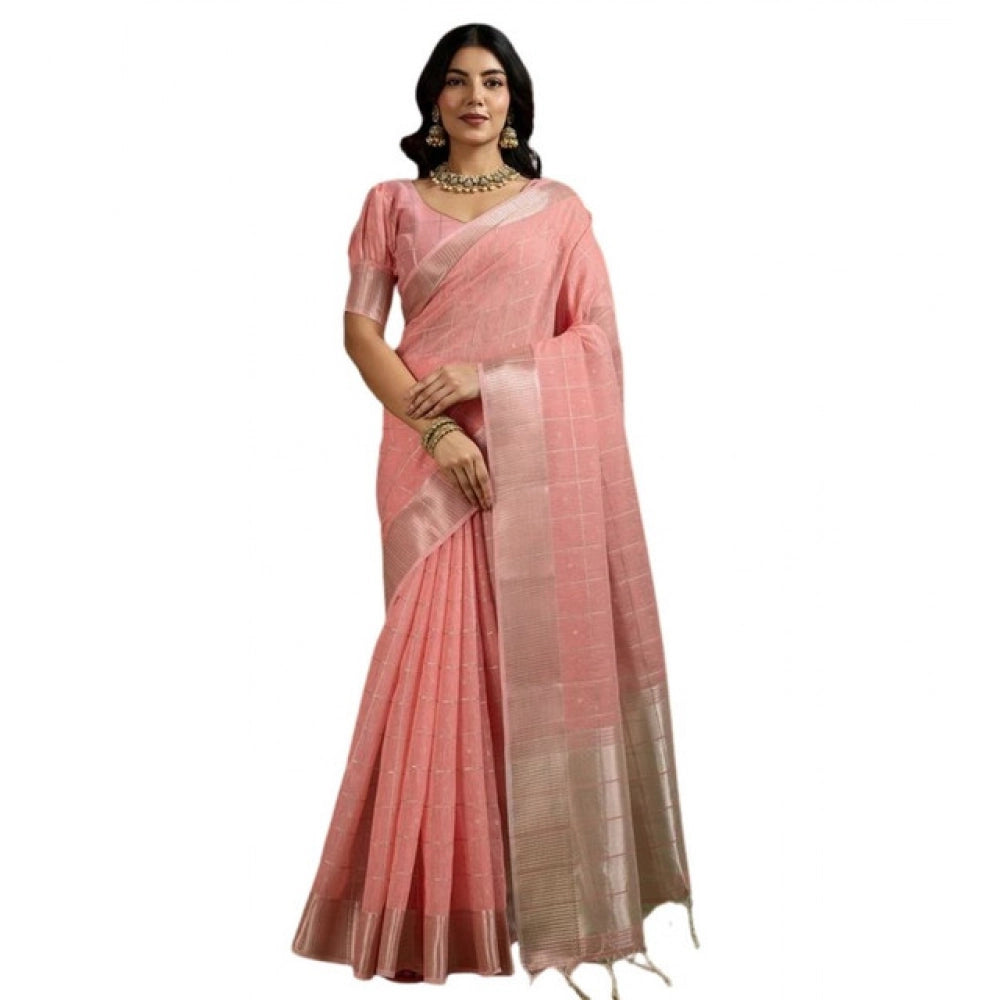 Seduva Women's Tissue Checks_With_Buttis Saree With Unstitched Blouse 5.5Mtr (Peach)