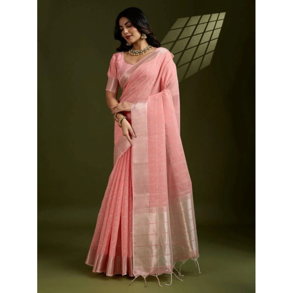 Seduva Women's Tissue Checks_With_Buttis Saree With Unstitched Blouse 5.5Mtr (Peach)