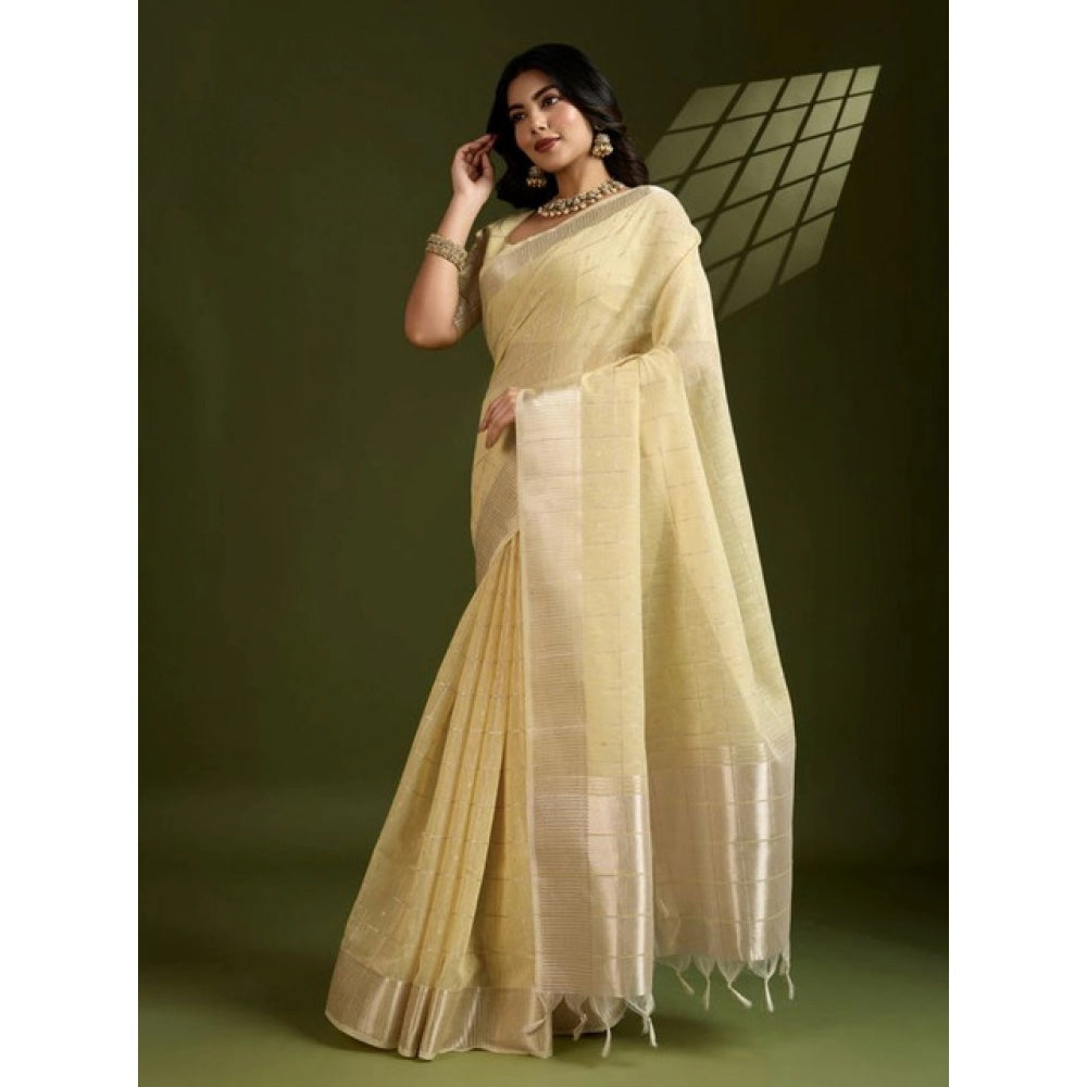 Seduva Women's Tissue Checks_With_Buttis Saree With Unstitched Blouse 5.5Mtr (Yellow)