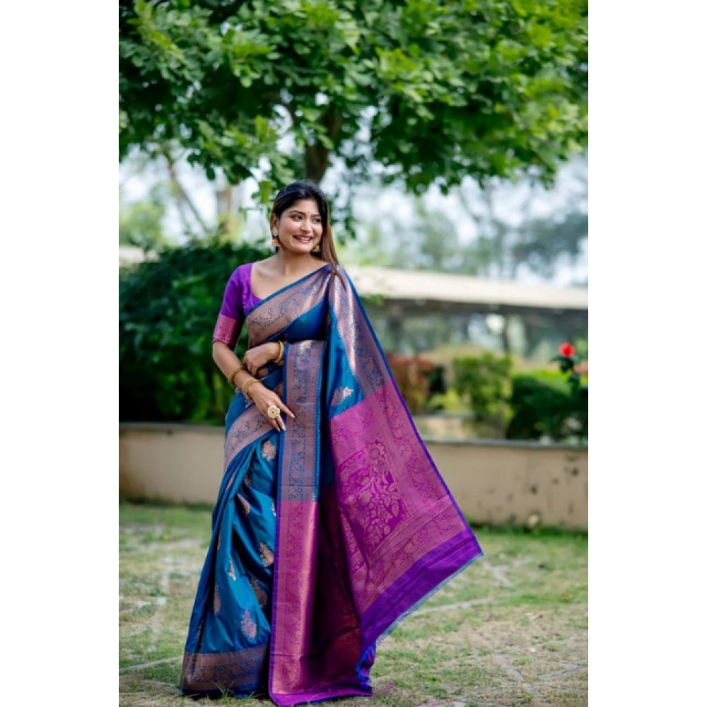 Seduva Women's Katan_Silk Zari_Weaving Saree With Unstitched Blouse 5.5Mtr (Blue)