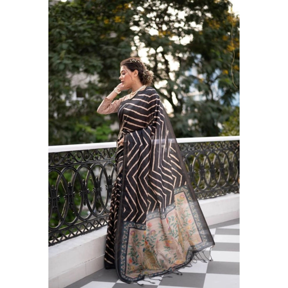 Seduva Women's Faux_Tussar_Silk Geometric_Print Saree With Unstitched Blouse 5.5Mtr (Black)