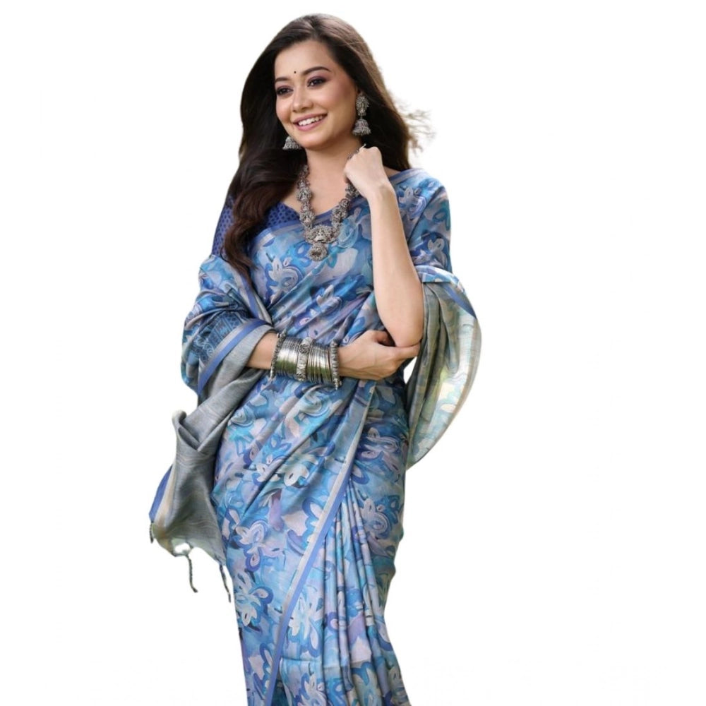 Seduva Women's Faux_Tussar_Silk Abstract_Print Saree With Unstitched Blouse 5.5Mtr (Blue)