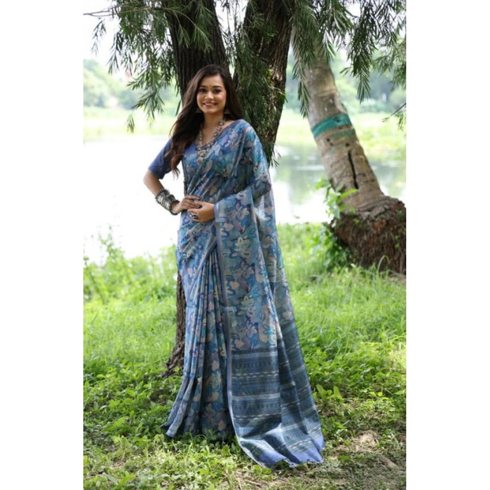 Seduva Women's Faux_Tussar_Silk Abstract_Print Saree With Unstitched Blouse 5.5Mtr (Blue)