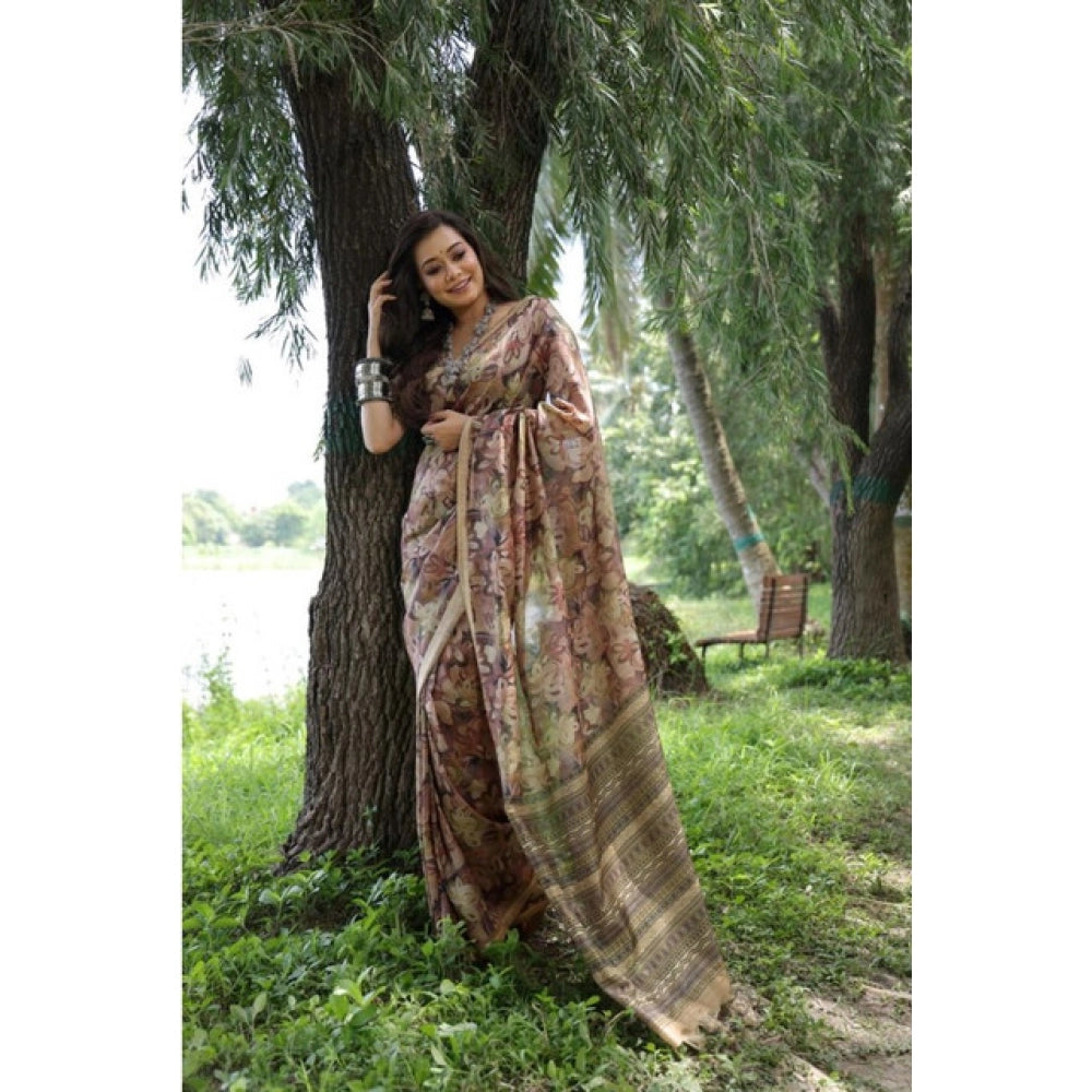 Seduva Women's Faux_Tussar_Silk Abstract_Print Saree With Unstitched Blouse 5.5Mtr (Brown)