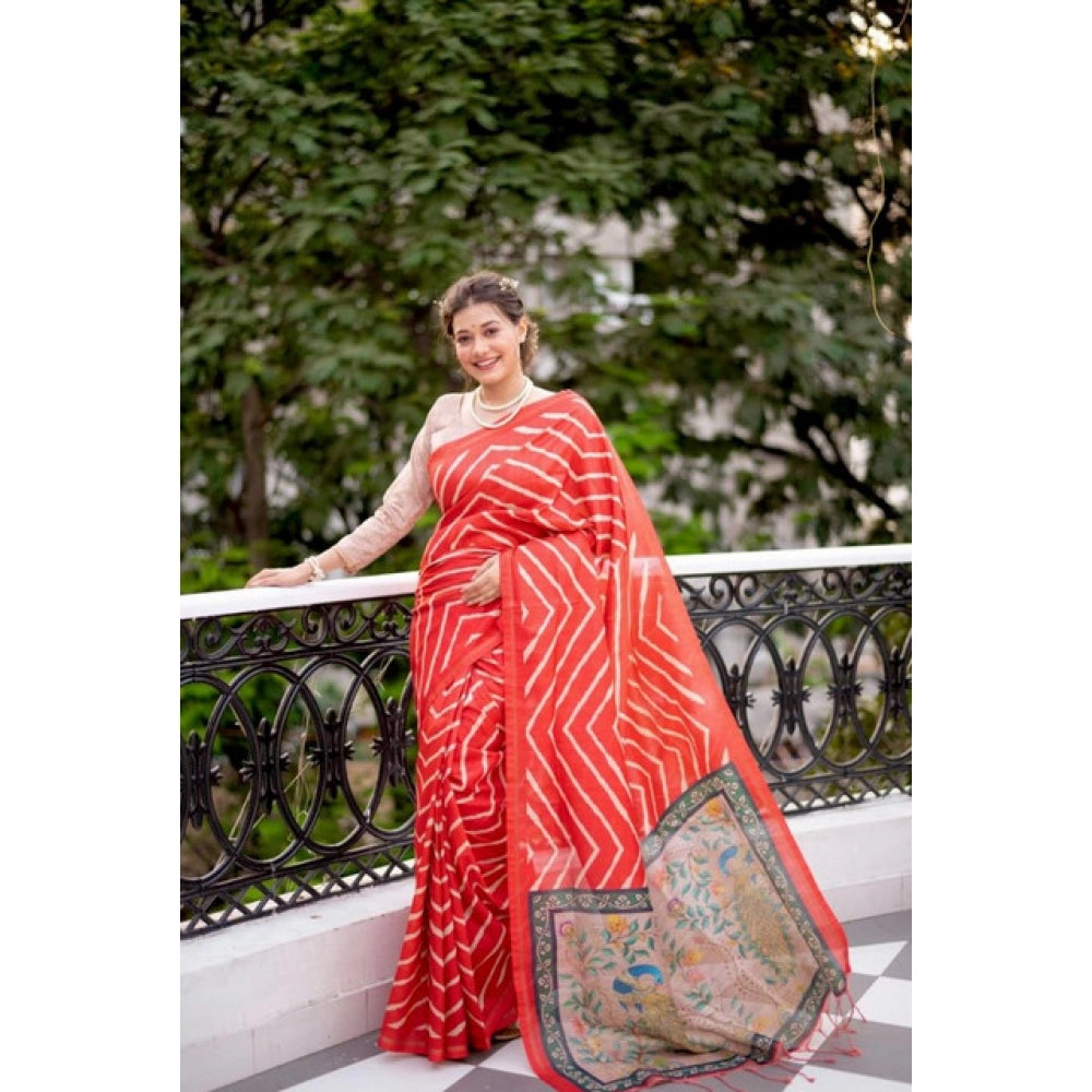 Seduva Women's Faux_Tussar_Silk Geometric_Print Saree With Unstitched Blouse 5.5Mtr (Red)