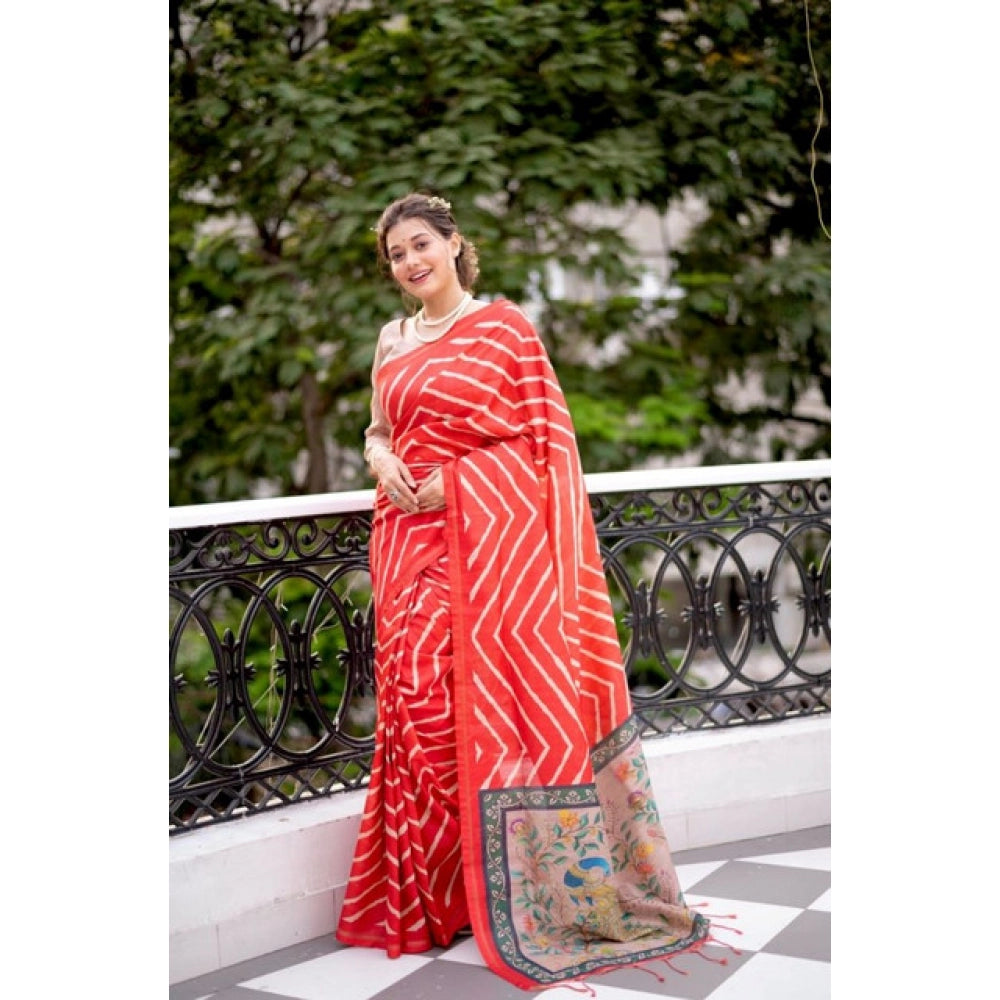 Seduva Women's Faux_Tussar_Silk Geometric_Print Saree With Unstitched Blouse 5.5Mtr (Red)