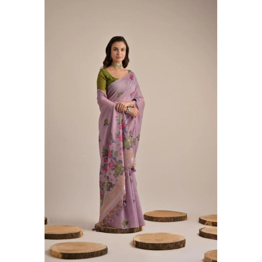 Seduva Women's Blended_Cotton Floral Motifs And Woven Buttas Saree With Unstitched Blouse 5.5Mtr (Lavender)