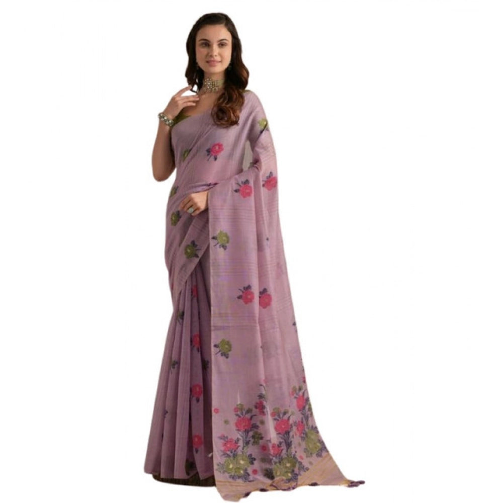 Seduva Women's Blended_Cotton Floral Motifs And Woven Buttas Saree With Unstitched Blouse 5.5Mtr (Lavender)