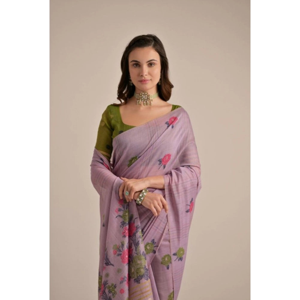 Seduva Women's Blended_Cotton Floral Motifs And Woven Buttas Saree With Unstitched Blouse 5.5Mtr (Lavender)