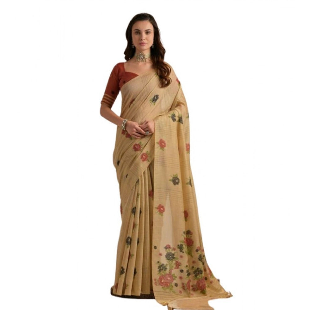 Seduva Women's Blended_Cotton Floral Motifs And Woven Buttas Saree With Unstitched Blouse 5.5Mtr (Light_Beige)