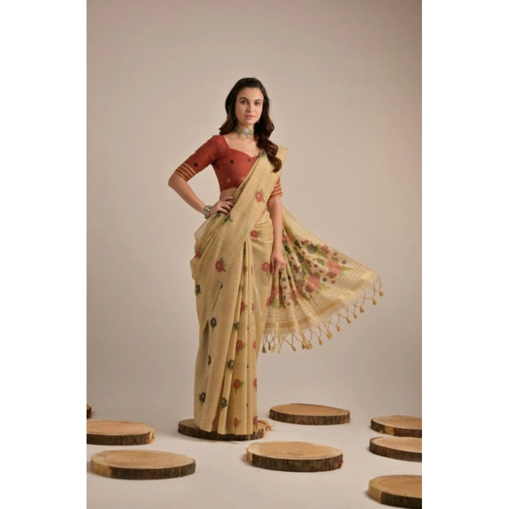 Seduva Women's Blended_Cotton Floral Motifs And Woven Buttas Saree With Unstitched Blouse 5.5Mtr (Light_Beige)