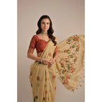 Seduva Women's Blended_Cotton Floral Motifs And Woven Buttas Saree With Unstitched Blouse 5.5Mtr (Light_Beige)