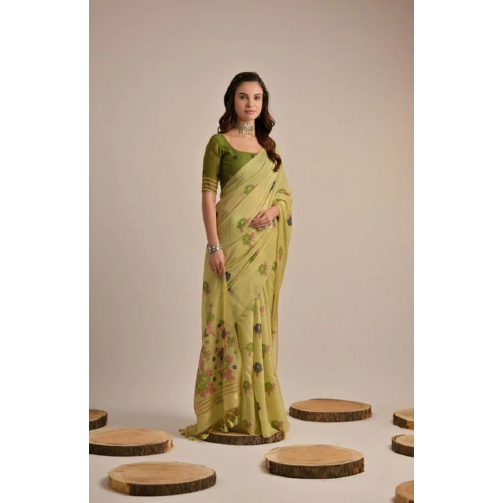 Seduva Women's Blended_Cotton Floral Motifs And Woven Buttas Saree With Unstitched Blouse 5.5Mtr (Light_Green)