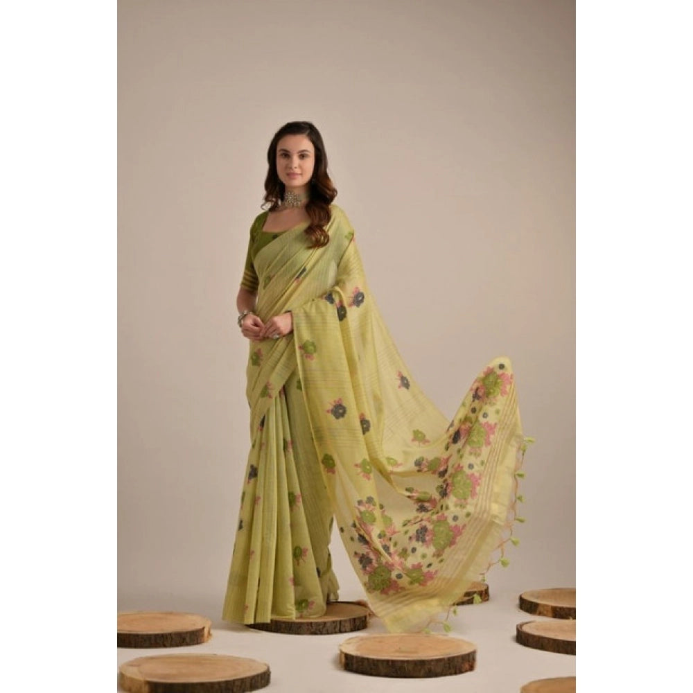 Seduva Women's Blended_Cotton Floral Motifs And Woven Buttas Saree With Unstitched Blouse 5.5Mtr (Light_Green)
