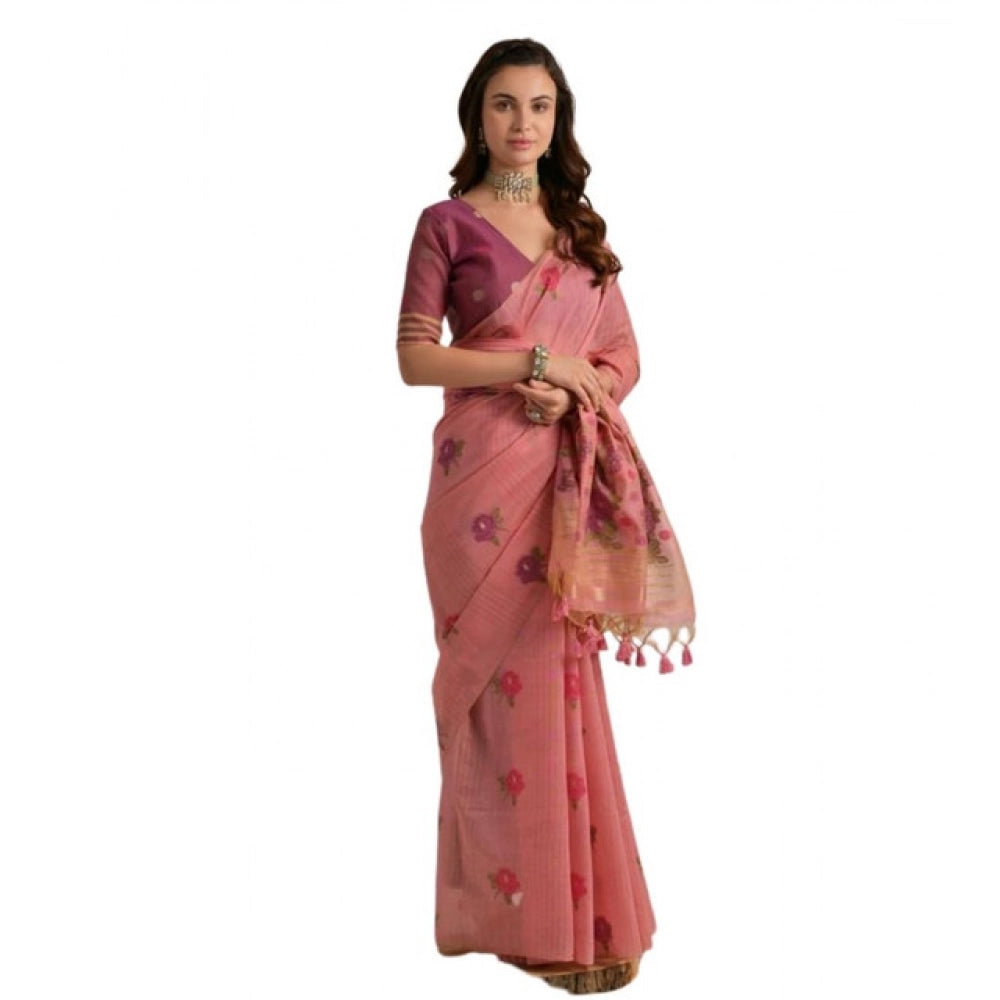 Seduva Women's Blended_Cotton Floral Motifs And Woven Buttas Saree With Unstitched Blouse 5.5Mtr (Pink)
