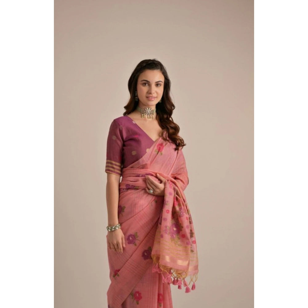 Seduva Women's Blended_Cotton Floral Motifs And Woven Buttas Saree With Unstitched Blouse 5.5Mtr (Pink)