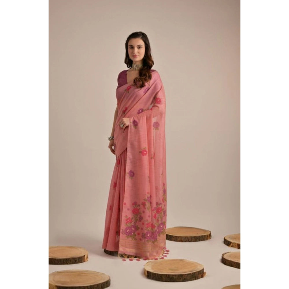 Seduva Women's Blended_Cotton Floral Motifs And Woven Buttas Saree With Unstitched Blouse 5.5Mtr (Pink)