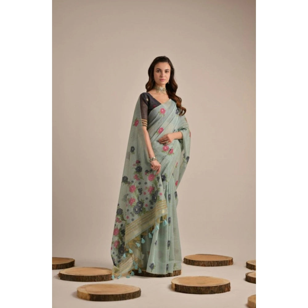 Seduva Women's Blended_Cotton Floral Motifs And Woven Buttas Saree With Unstitched Blouse 5.5Mtr (Teal)