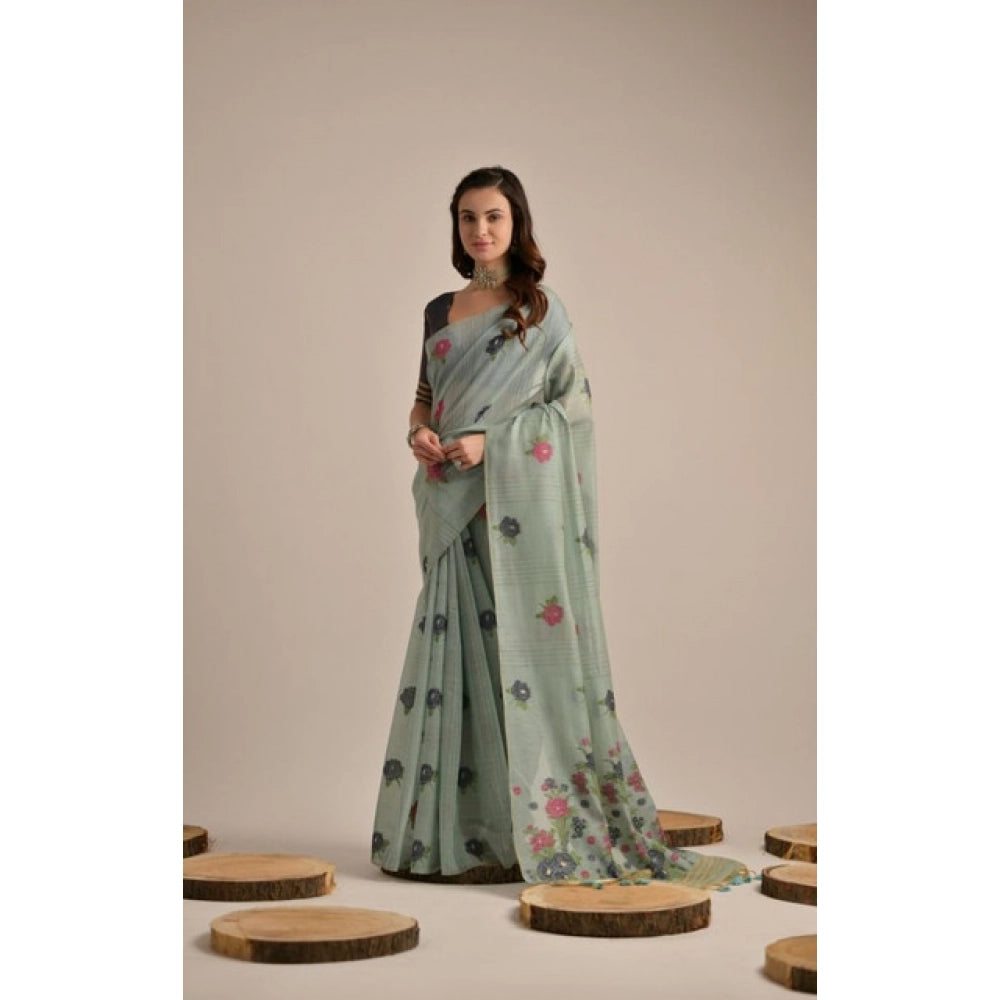Seduva Women's Blended_Cotton Floral Motifs And Woven Buttas Saree With Unstitched Blouse 5.5Mtr (Teal)