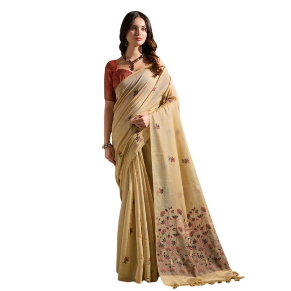 Seduva Women's Blended_Cotton Floral Saree With Unstitched Blouse 5.5Mtr (Beige)