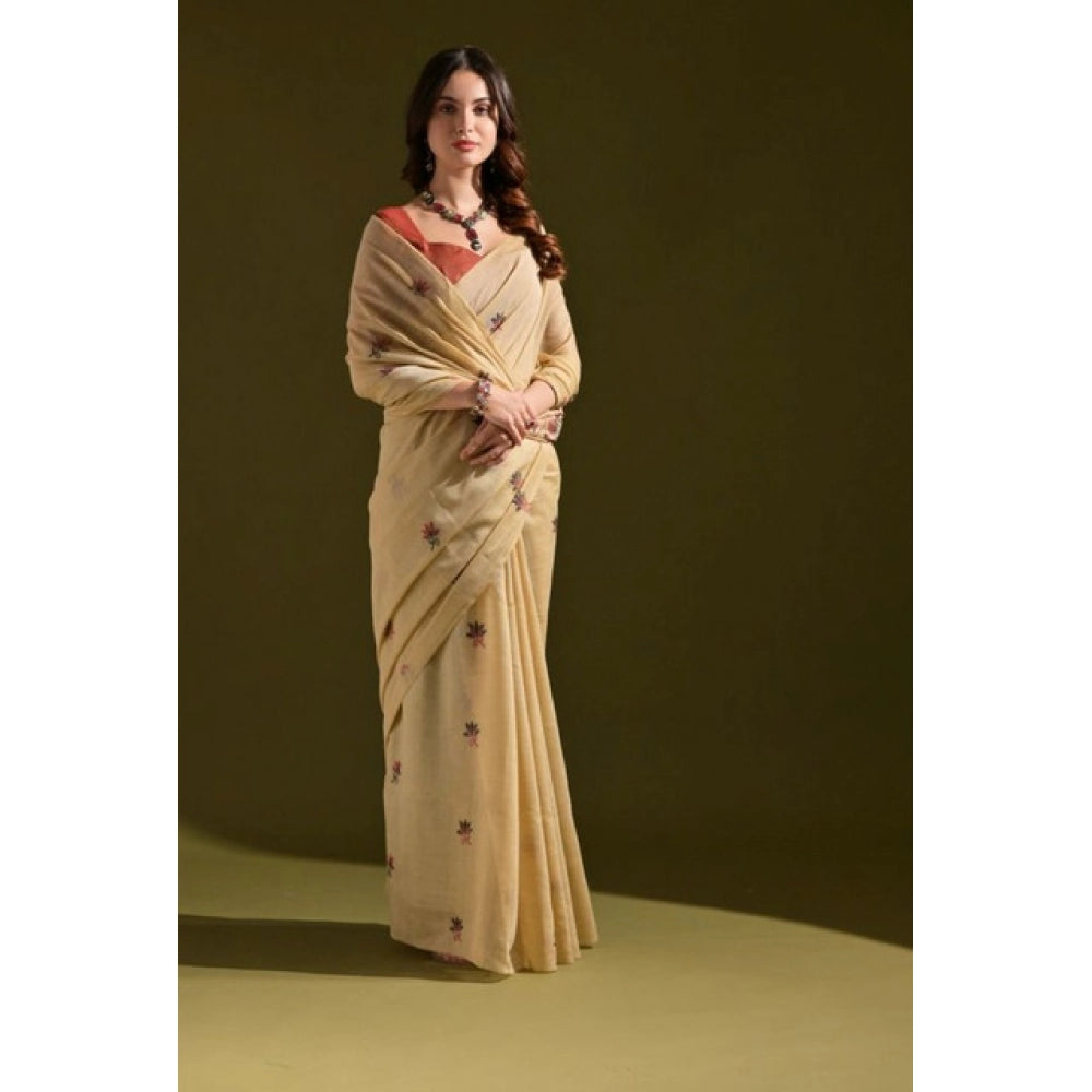 Seduva Women's Blended_Cotton Floral Saree With Unstitched Blouse 5.5Mtr (Beige)