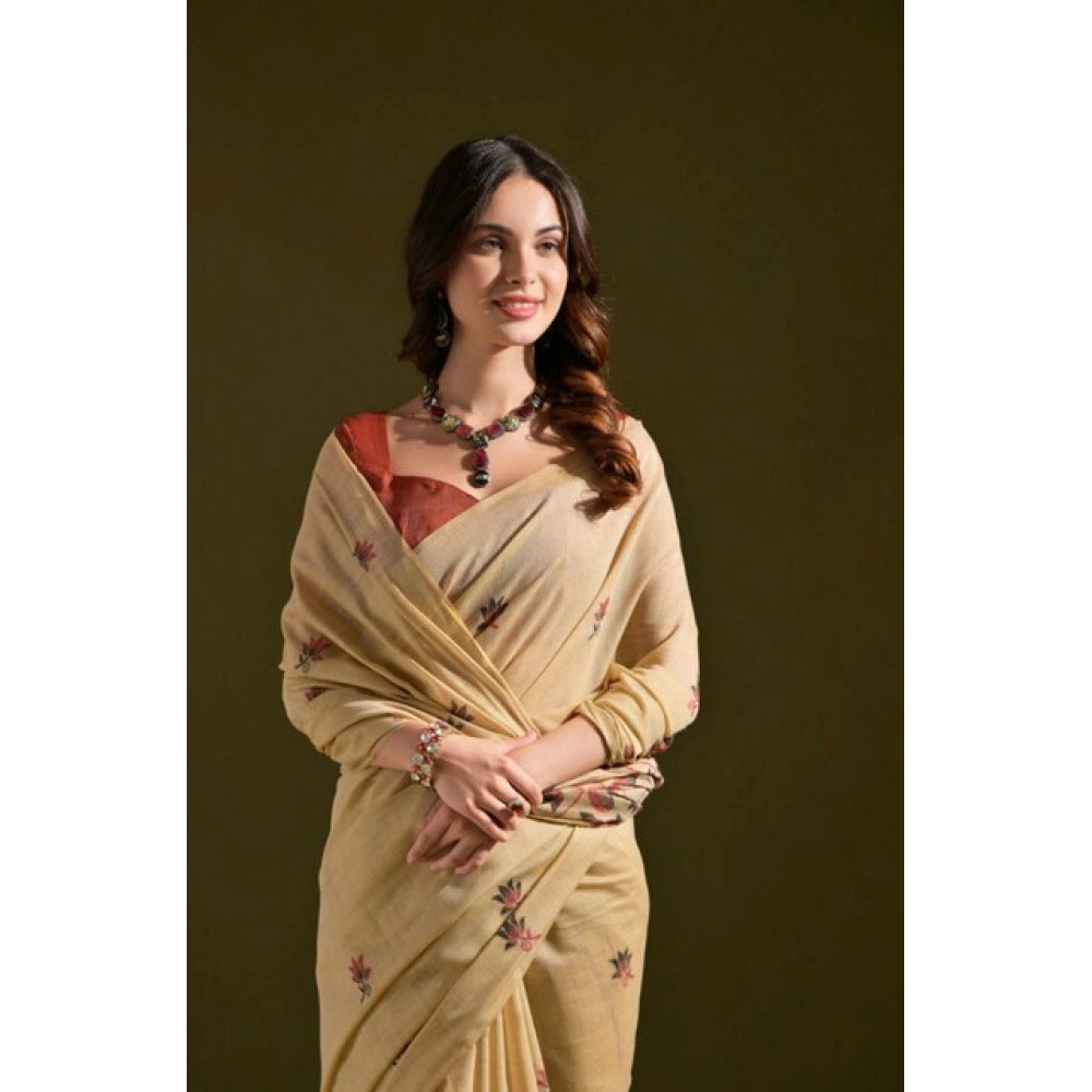 Seduva Women's Blended_Cotton Floral Saree With Unstitched Blouse 5.5Mtr (Beige)